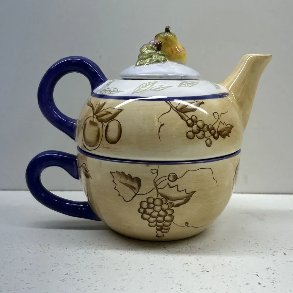 Vtg Hand Painted Zrike Stacked Tea Pot‎ - Fruit - Grapes